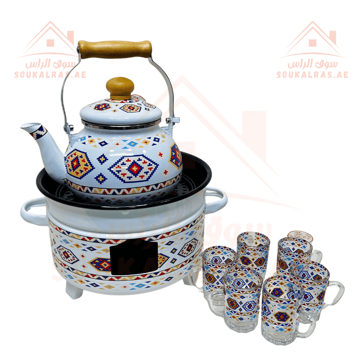 Traditional Najdi Enamel Kettle & Tea Glass Set and stove 26 cm for cooking and heating with traditional Arabic designs - Souk Al RasDrinkware