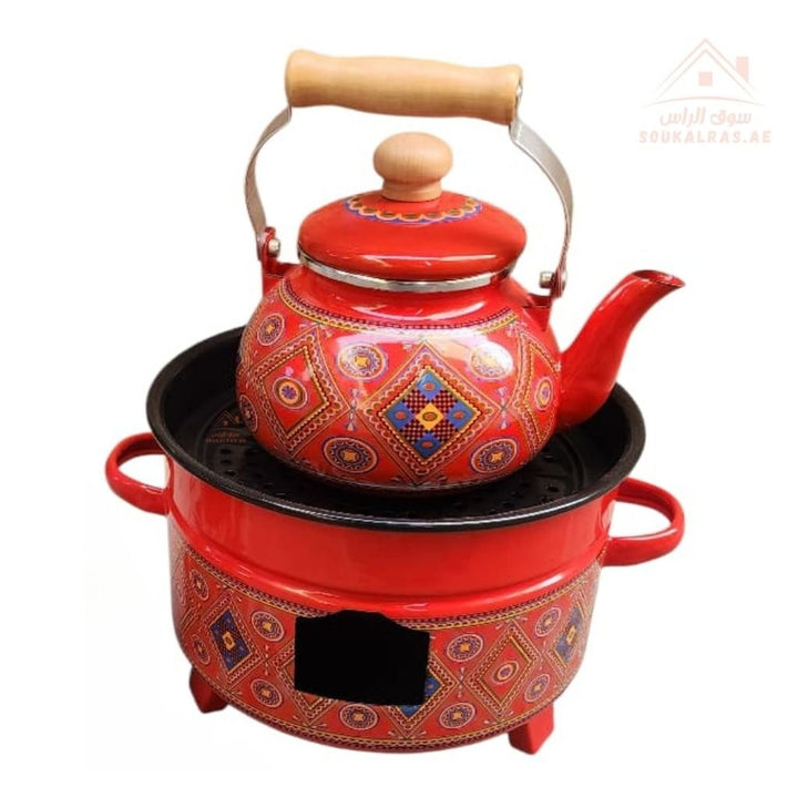 Traditional Najdi Enamel Kettle & Tea Glass Set and stove 26 cm for cooking and heating with traditional Arabic designs - Souk Al RasDrinkware
