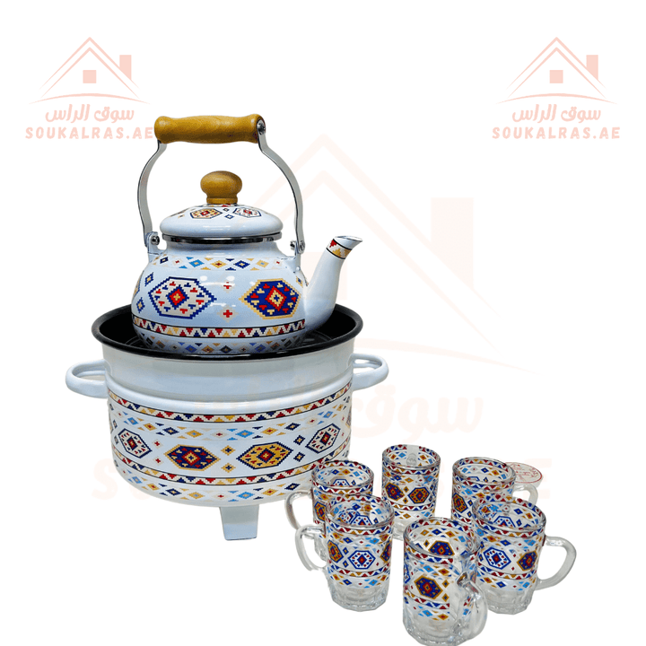 Traditional Najdi Enamel Kettle & Tea Glass Set and stove 26 cm for cooking and heating with traditional Arabic designs - Souk Al RasDrinkware