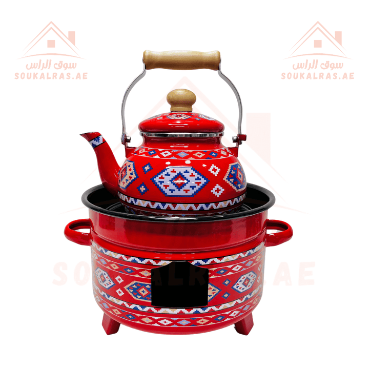 Traditional Najdi Enamel Kettle & Tea Glass Set and stove 26 cm for cooking and heating with traditional Arabic designs - Souk Al RasDrinkware