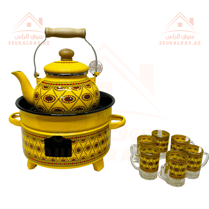 Traditional Najdi Enamel Kettle & Tea Glass Set and stove 26 cm for cooking and heating with traditional Arabic designs - Souk Al RasDrinkware