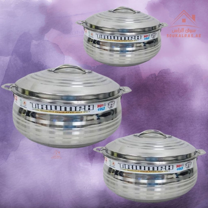 TRIUMPH Hot Pot Set – 3 - Piece Stainless Steel Casserole Set | 1L, 1.5L, 2.5L | Thermal Insulated Food Warmer - Souk Al Ras