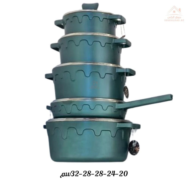 UCC LIFE 10 - Piece (20 - 24 - 28 - 32 cm)+1 Saucepan with Long Handle 28cm Granite Non - Stick Cookware Set | Available in 4 Elegant Colors | Tempered Glass Lids with Steam Vents - Souk Al Ras