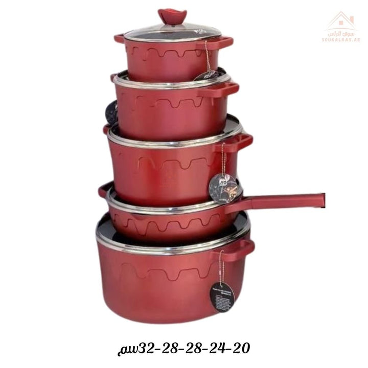 UCC LIFE 10 - Piece (20 - 24 - 28 - 32 cm)+1 Saucepan with Long Handle 28cm Granite Non - Stick Cookware Set | Available in 4 Elegant Colors | Tempered Glass Lids with Steam Vents - Souk Al Ras
