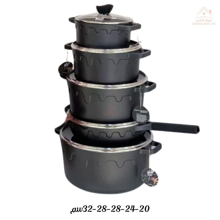 UCC LIFE 10 - Piece (20 - 24 - 28 - 32 cm)+1 Saucepan with Long Handle 28cm Granite Non - Stick Cookware Set | Available in 4 Elegant Colors | Tempered Glass Lids with Steam Vents - Souk Al Ras