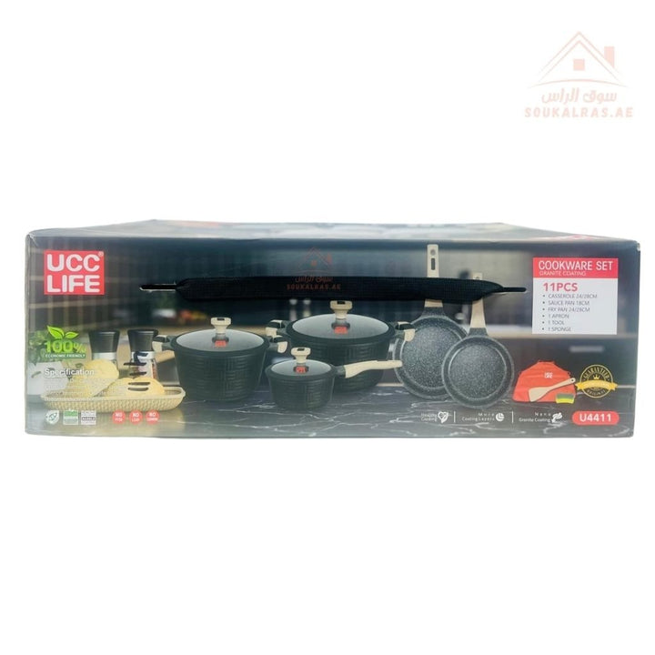 UCC Life 11 - Piece Granite Cookware Set | Non - Stick Casserole, Fry Pan, Saucepan| 28 - 24 - 28 - 24 - 18 cm | Premium Kitchen Set UAE - Souk Al Ras