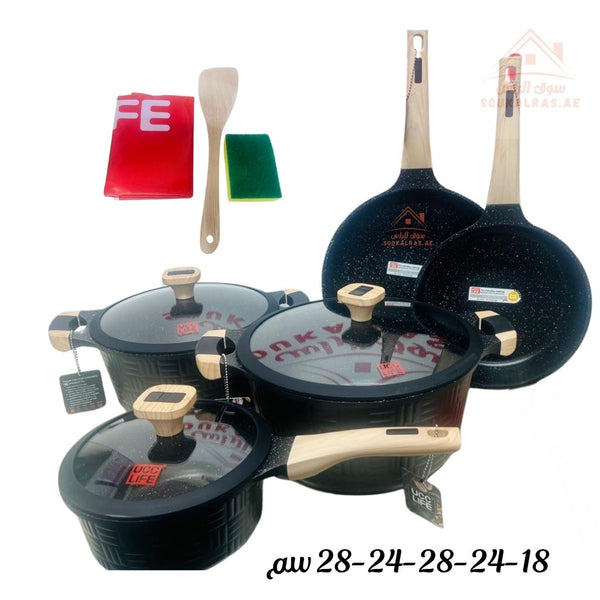UCC Life 11 - Piece Granite Cookware Set | Non - Stick Casserole, Fry Pan, Saucepan| 28 - 24 - 28 - 24 - 18 cm | Premium Kitchen Set UAE - Souk Al Ras