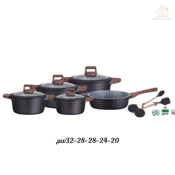UCC LIFE 13 - Piece Granite Cookware Set | Elegant Wood Handle Design | Premium Non - Stick Casserole |Stylish Wood - Texture Handles - Souk Al Ras