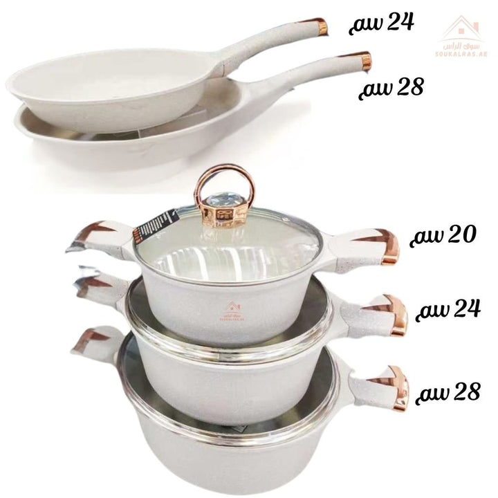 UCC Life 8 - Piece Granite Cookware Set | 3 Casseroles + 2 Frying Pans | Elegant & Durable Design - Souk Al Ras