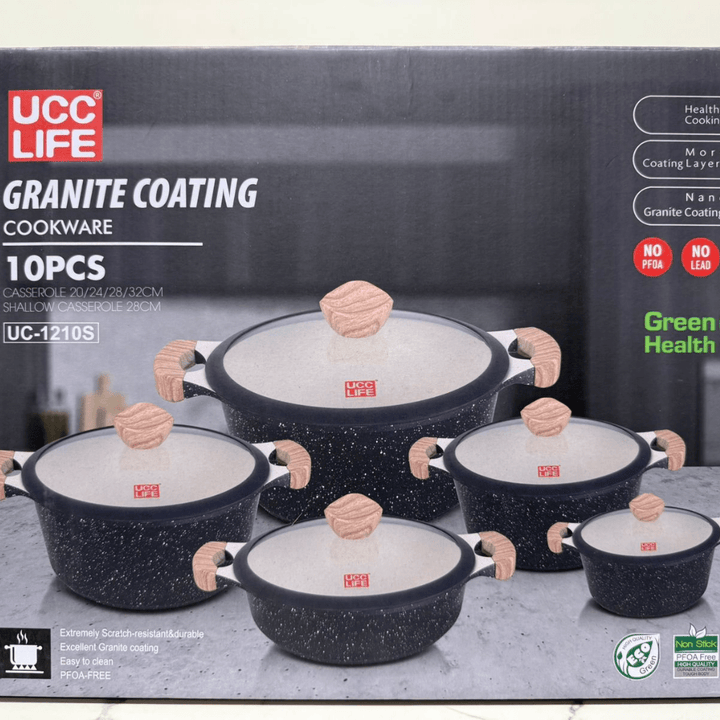 UCC LIFE Granite Coating 10PCS Cookware Set (32cm, 28cm, 28 cm, 24cm, 20cm) | Non - Stick | Healthy Cooking | Durable Design - Souk Al Ras