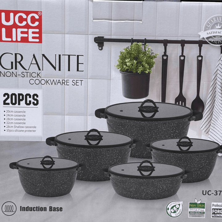 UCC Life Granite Non - Stick Cookware Set | 20 Pieces | Induction Base | PFOA - Free| Size 32, 28, 28, 24, 20 CM - Souk Al Ras