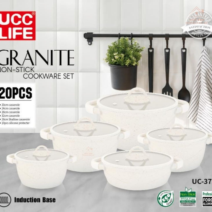UCC Life Granite Non - Stick Cookware Set | 20 Pieces | Induction Base | PFOA - Free| Size 32, 28, 28, 24, 20 CM - Souk Al Ras