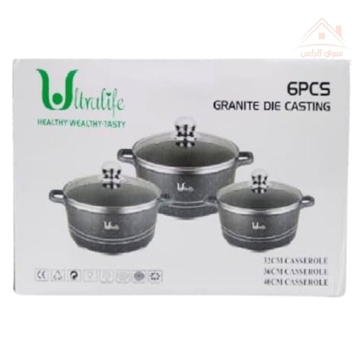 Ultralife 6 - Piece Granite Die Casting Casserole Set | Large Sizes 32/36/40CM | Heavy Duty Cookware - Souk Al Ras
