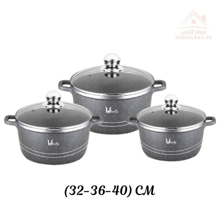 Ultralife 6 - Piece Granite Die Casting Casserole Set | Large Sizes 32/36/40CM | Heavy Duty Cookware - Souk Al Ras