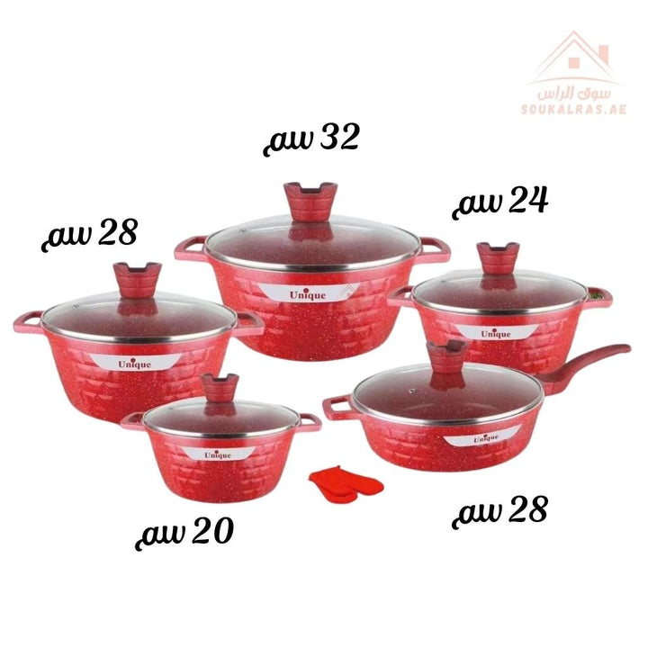 Unique 12 - Piece Granite Cookware Set (20 - 24 - 28 - 32CM)AND PAN 28 CM| Non - Stick Casseroles & Fry Pan | Red Marble Finish - Souk Al Ras
