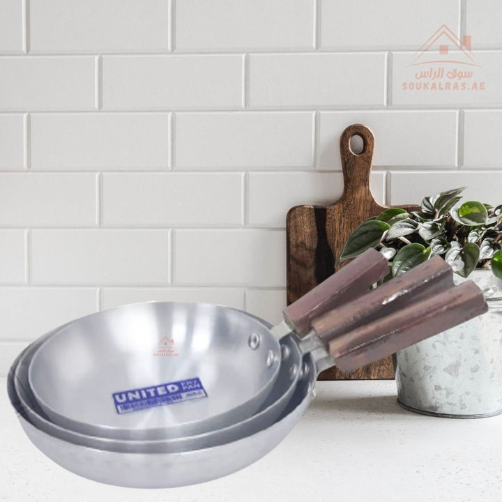 United Aluminum Frying Pan Set| Durable Wooden Handle | Practical & Multi - Purpose - Souk Al Ras