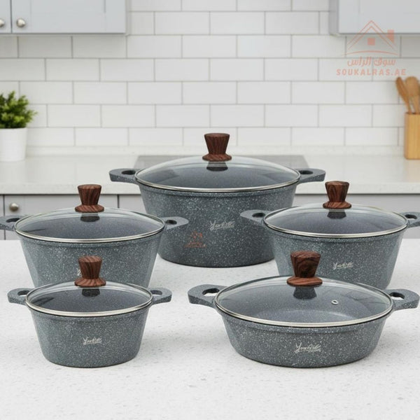 Venice 10 - Piece Granite Cookware Set | Premium Non - Stick Pots with Glass Lids | Durable Granite Casserole Set - Souk Al Ras