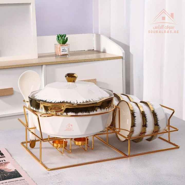 Venice 10 - Piece Luxury Ceramic Serving Set with Golden Stand | Elegant Design | Perfect for Buffet & Family Gatherings - Souk Al Ras