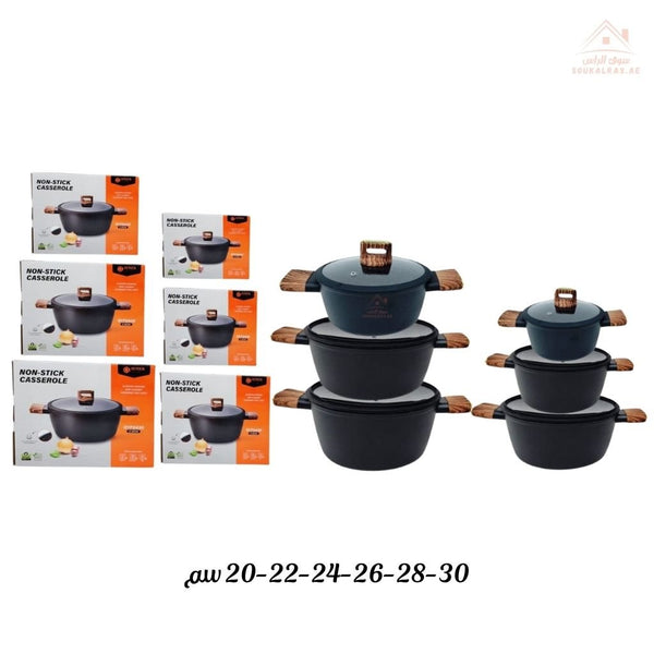 Venice 12 - Piece Non - Stick Casserole Set | (20–22 - 24 - 26 - 28 - 30cm ) Sizes | Enables healthier cooking with less oil and easy cleanup - Souk Al Ras
