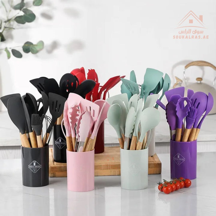 Venice 12 - Piece Silicone Kitchen Utensil Set | Heat - Resistant & Non - Stick Friendly | Multiple Colors - Souk Al Ras