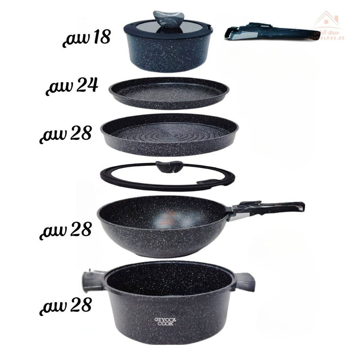 Venice 13 - Piece Non - Stick Marble Coated Die Cast Cookware Set — space - saving, detachable handle, versatile pots & pans perfect for modern kitchens. - Souk Al Ras