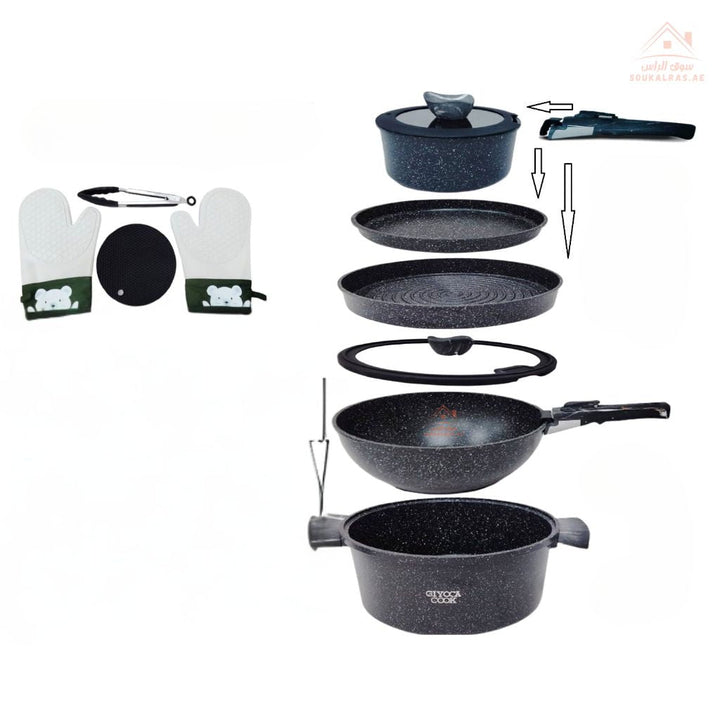 Venice 13 - Piece Non - Stick Marble Coated Die Cast Cookware Set — space - saving, detachable handle, versatile pots & pans perfect for modern kitchens. - Souk Al Ras