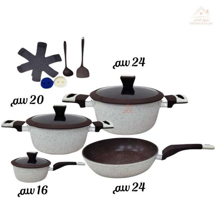 Venice 14 - Piece Aluminium Non - Stick Cookware Set | Heat - resistant tempered glass lids with steam vents| Easy to clean, dishwasher safe - Souk Al Ras