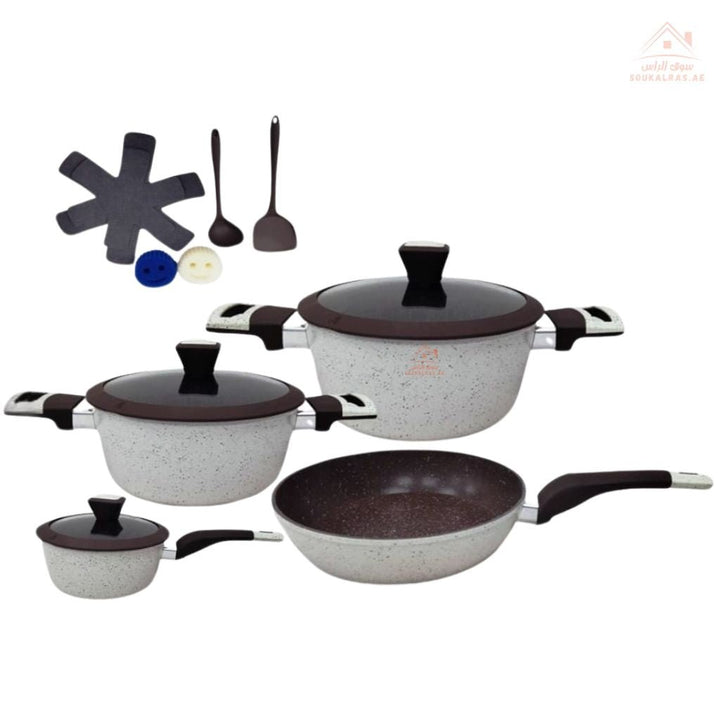 Venice 14 - Piece Aluminium Non - Stick Cookware Set | Heat - resistant tempered glass lids with steam vents| Easy to clean, dishwasher safe - Souk Al Ras
