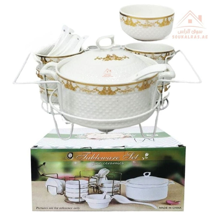 Venice 15 - Piece Premium Serving Bowl Set with Metal Stand | Elegant Gold Design | Perfect for serving snacks, side dishes, nuts, soups, desserts, and more - Souk Al Ras