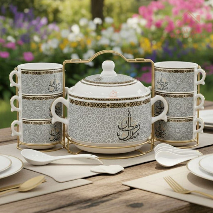 Venice 15 - Piece Soup Serving Set with Gold Metal Stand |Perfect for serving snacks, side dishes, nuts, soups, desserts, and more | Premium Ramadan Lantern Design - Souk Al Ras