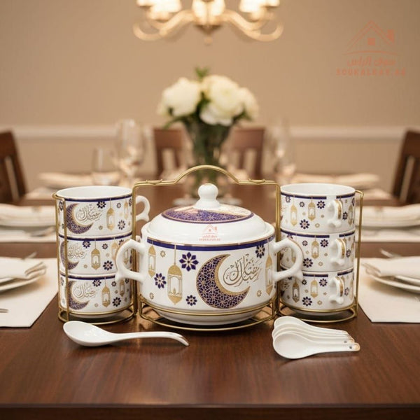 Venice 15 - Piece Soup Serving Set with Gold Metal Stand | Perfect for soups, stews, appetizers, and desserts | Premium Ramadan Lantern Design - Souk Al Ras