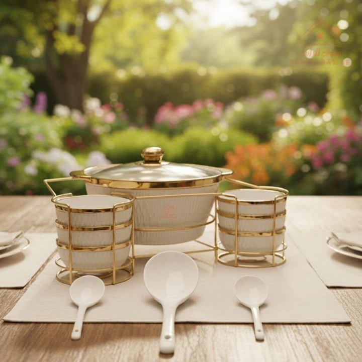 Venice 16 - Piece Premium Serving Bowl Set with Metal Stand | Elegant Gold Design | Perfect for serving snacks, side dishes, nuts, soups, desserts, and more - Souk Al Ras