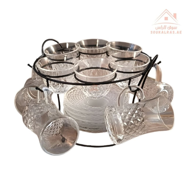 Venice 18 - Piece Glass Tea Cup Set with Metal Stand | Elegant Design | Ideal for Daily Use & Guests - Souk Al Ras