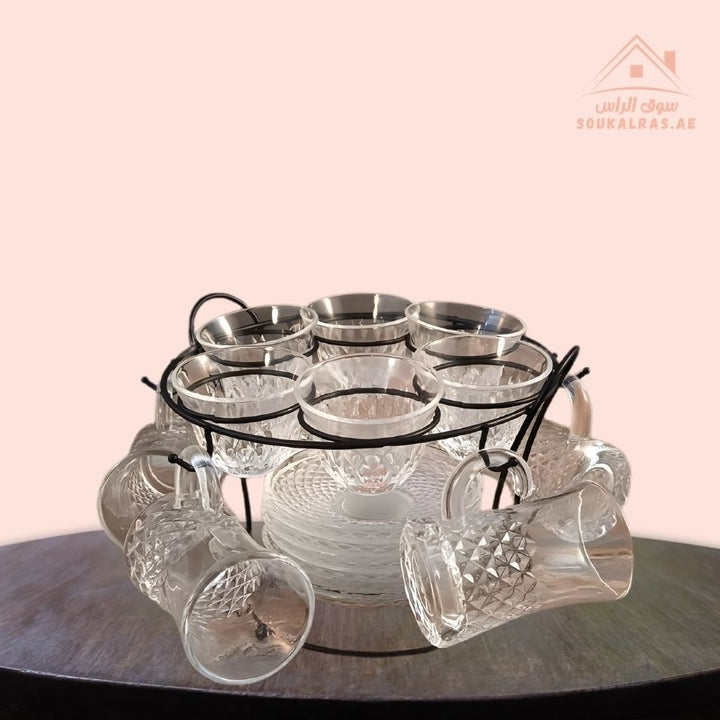 Venice 18 - Piece Glass Tea Cup Set with Metal Stand | Elegant Design | Ideal for Daily Use & Guests - Souk Al Ras