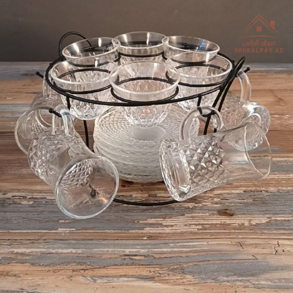 Venice 18 - Piece Glass Tea Cup Set with Metal Stand | Elegant Design | Ideal for Daily Use & Guests - Souk Al Ras