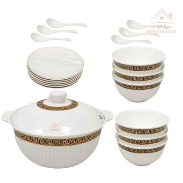 Venice 21 - Piece Porcelain Soup Set | Elegant White & Gold Design | Premium Dinnerware for Family Meals and Gatherings - Souk Al Ras