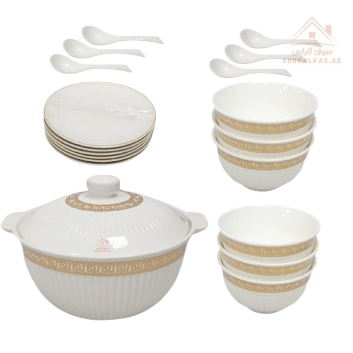 Venice 21 - Piece Porcelain Soup Set | Elegant White & Gold Design | Premium Dinnerware for Family Meals and Gatherings - Souk Al Ras