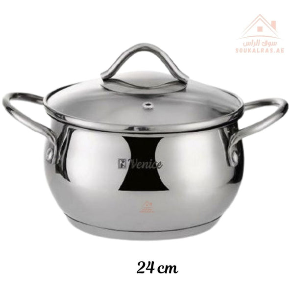Venice 24CM Stainless Steel 18/10 Cooking Pot with Glass Lid | Premium Quality Cookware | Durable & Elegant Design - Souk Al RasPots & Pans