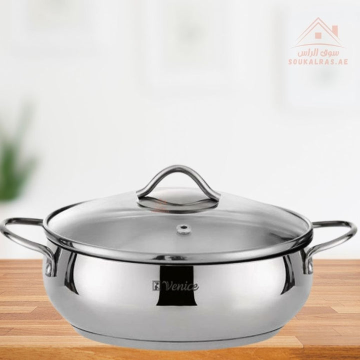 Venice 24CM Stainless Steel 18/10 Cooking Shallow Pot with Glass Lid | Premium Quality Cookware | Durable & Elegant Design - Souk Al RasPots & Pans
