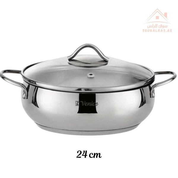 Venice 24CM Stainless Steel 18/10 Cooking Shallow Pot with Glass Lid | Premium Quality Cookware | Durable & Elegant Design - Souk Al RasPots & Pans