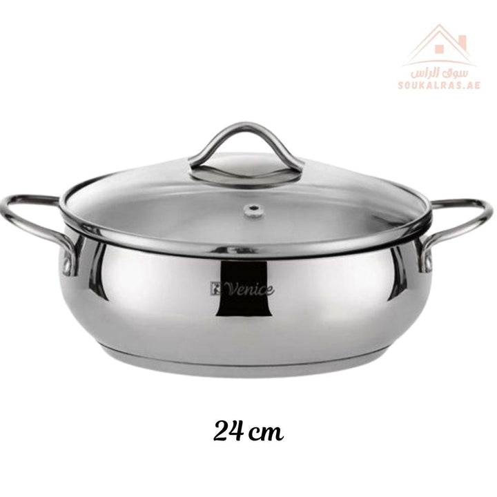 Venice 24CM Stainless Steel 18/10 Cooking Shallow Pot with Glass Lid | Premium Quality Cookware | Durable & Elegant Design - Souk Al RasPots & Pans