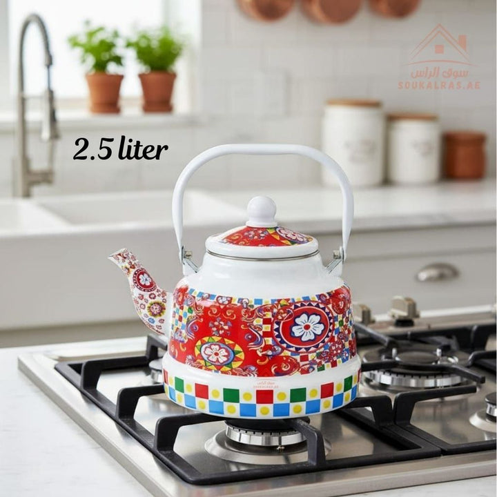 Venice 2.5L Enamel Kettle | Elegant Floral & Traditional Patterns | Heat - Resistant Handle | Premium Quality Mix Color - Souk Al Ras