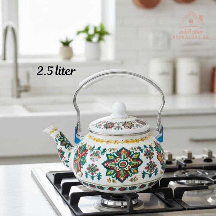 Venice 2.5L Enamel Kettle | Elegant Floral & Traditional Patterns | Heat - Resistant Handle | Premium Quality Mix Colors - Souk Al Ras