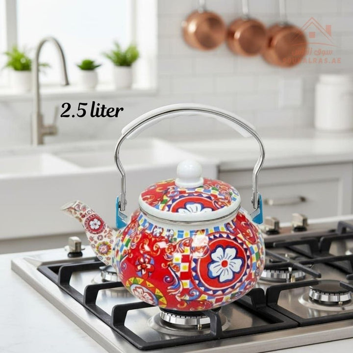 Venice 2.5L Enamel Kettle | Elegant Floral & Traditional Patterns | Heat - Resistant Handle | Premium Quality Mix Colors - Souk Al Ras