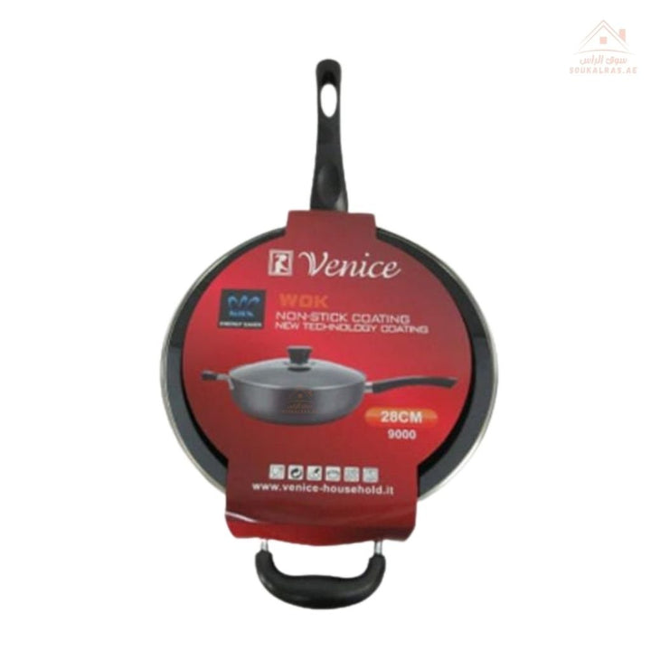 Venice 28CM Wok Frying Pan with Glass Lid | Durable & Non - Stick | Ideal for stir - fry, sautéing, and daily cooking - Souk Al Ras