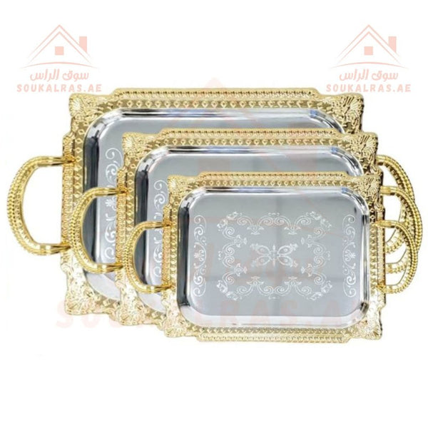 Venice 3 - Piece Gold & Silver Rectangular Serving Tray Set | 24x34cm, 29x39cm, 36x45cm | Elegant Decorative Trays . - Souk Al Ras