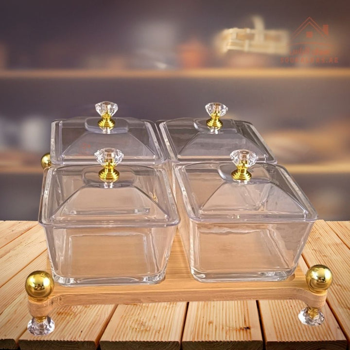 Venice 4 - Section Glass Serving Set with Wooden Base & Crystal Lids | Elegant Design | Ideal for Sweets, Nuts & Dates - Souk Al Ras