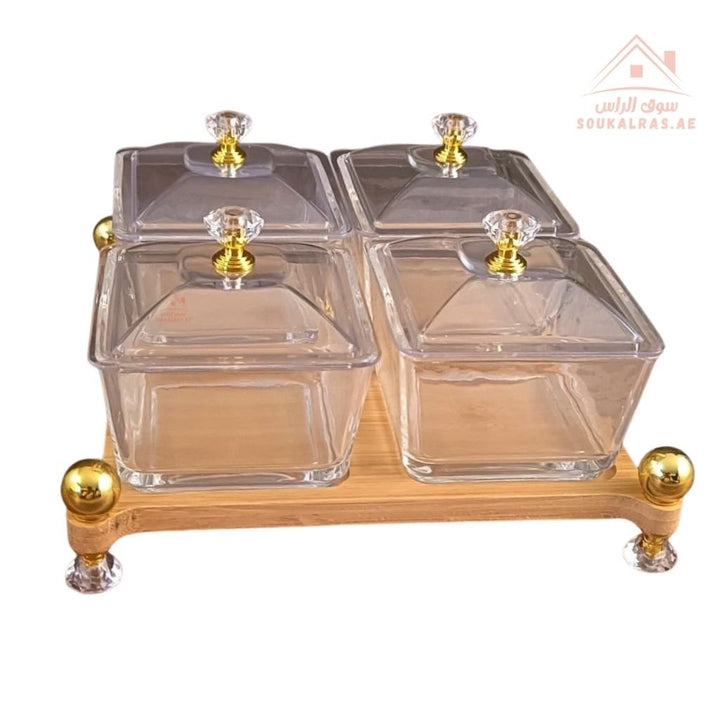 Venice 4 - Section Glass Serving Set with Wooden Base & Crystal Lids | Elegant Design | Ideal for Sweets, Nuts & Dates - Souk Al Ras
