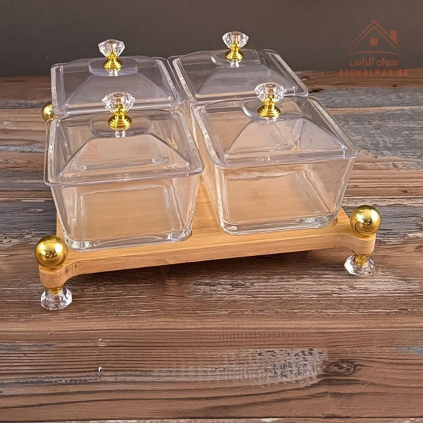 Venice 4 - Section Glass Serving Set with Wooden Base & Crystal Lids | Elegant Design | Ideal for Sweets, Nuts & Dates - Souk Al Ras