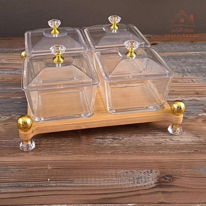 Venice 4 - Section Glass Serving Set with Wooden Base & Crystal Lids | Elegant Design | Ideal for Sweets, Nuts & Dates - Souk Al Ras